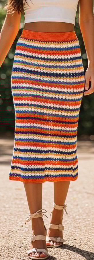 a woman in a white crop top and a colorful skirt