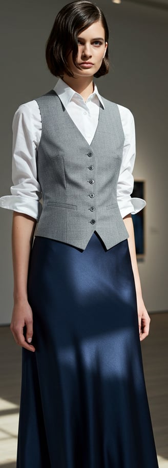 a woman in a long sleeved dress and vest with a waist length skirt
