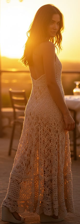 a woman in a dress standing in front of a sunset
