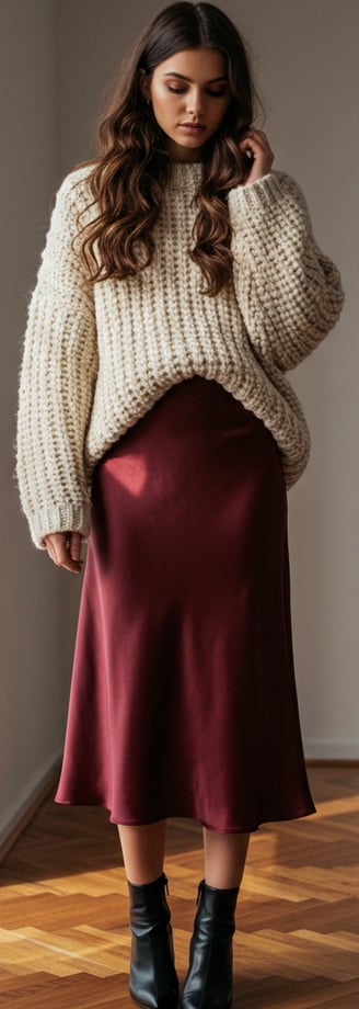 a woman in a sweater and boots standing in front of a window