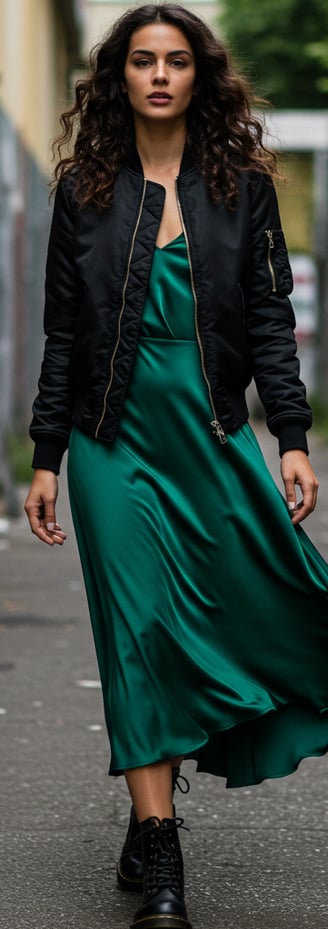 a woman in a green dress and black jacket