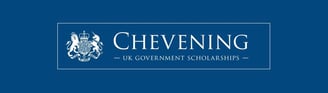 Chevening Scholarships logo with a blue banner, white text, and a white UK coat of arms at the top