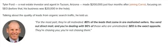 Testimonial from Tyler Ford, a real estate investor using a Carrot website, talking about the importance of SEO for lead gene