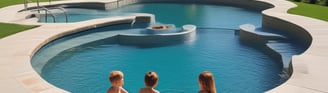 A sunglass lens frames the view of a pool cleaning device submerged in water, creating a contrasting focus against the bright blue of the pool. The lens slightly darkens the view, emphasizing the details of the cleaning equipment with its brush and hose.