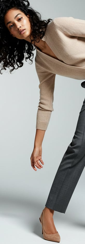 a woman in a beige sweater and black pants