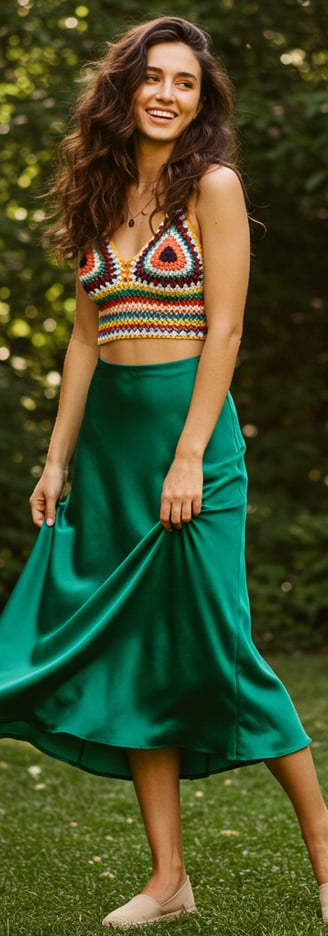 a woman in a crop top and skirt with a skirt