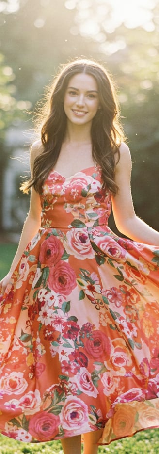 a woman in a floral dress standing in the grass