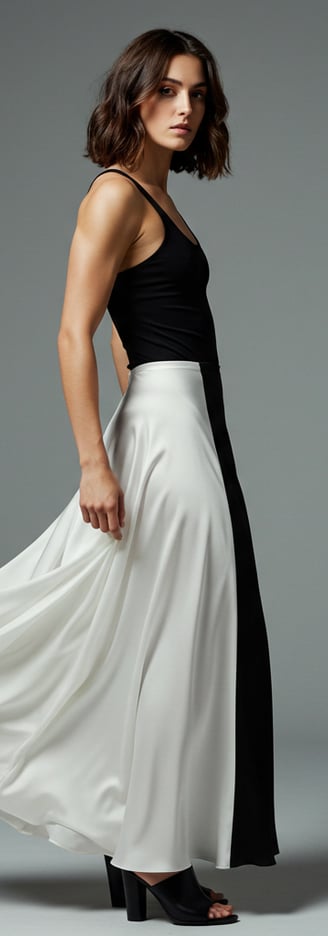 a woman in a black and white dress with a black and white dress