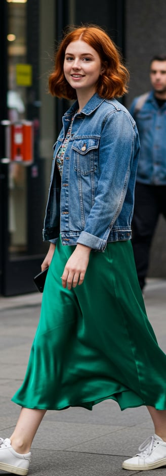 a woman in a green dress and white sneakers