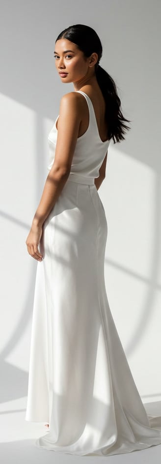 a woman in a white dress standing in front of a window
