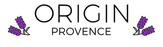 Logo Origin Provence avec comme symbole deux brins de lavande, marque de bougie artisanale.