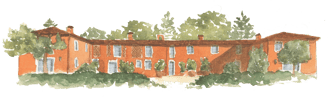 a drawing of a large orange building surrounded by plants and trees