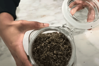 a person holding a jar of damiana leaf tea herb