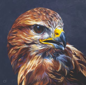 A painting of a buzzard against a stormy grey sky