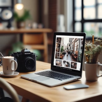 a laptop computer sitting on a table with a camera and a cup of coffee