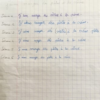 Exemple d'évolution de l'écriture manuscrite d'un élève au cours de séances de graphothérapie à Conflans-Sainte-Honorine, Yve