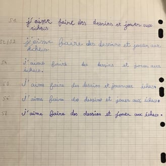 Exemple d'évolution de l'écriture manuscrite d'un élève au cours de séances de graphothérapie à Conflans-Sainte-Honorine, Yve