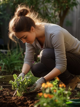 a woman is kneeling down to plant a potted plant tuinaanleg