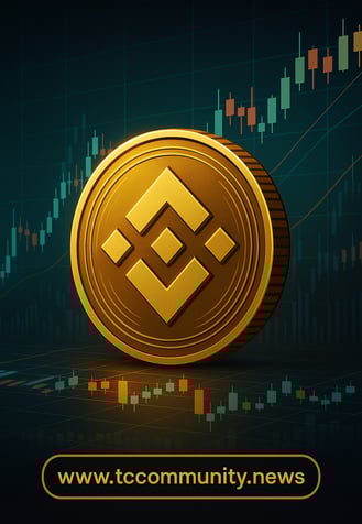 Illustration featuring a golden Binance Coin (BNB) with a background of crypto exchange charts and f