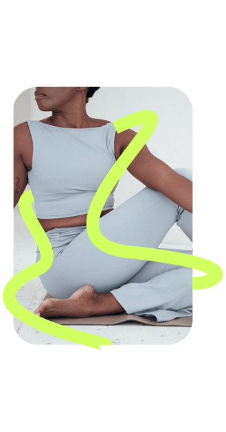 White background lady yoga pose bright green lines around her