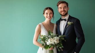 a bride and groom standing in front of a green wall