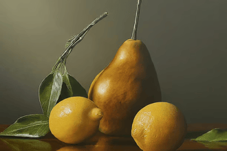 a pear tree with lemons and leaves on a table