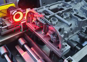 automated vision camera with a red ring light inspecting a metal part