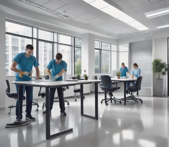 a man and woman in blue shirts and blue jeans are standing in a room with cleaners cleaning offices