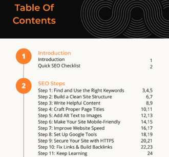 a snippet of the table of contents, in the beginners guide to seo.