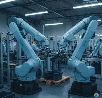 a group of robots in a factory with a man in the background