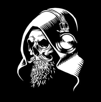 Minimalist illustration, skull with headphones, music artwork, vintage style, graphic design