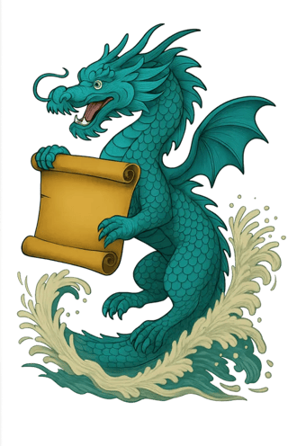 sea dragon holding heraldic parchment