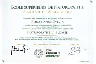 Diplôme de naturopathe de base scientifique de Sylvia Bourrianne, école de naturopathie AVCN