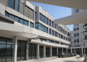 An aerial view of a construction site with scaffolding and machinery surrounded by a residential and commercial area. Buildings with varied architectural styles and rooftops spread across the landscape, set against a backdrop of distant snow-capped mountains. A prominent green construction crane stands amidst the site indicating ongoing development.