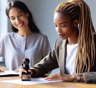 a woman in a suit and tie is sitting at a desk with a stamper