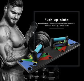 a man curling a dumbbell and a push up plate