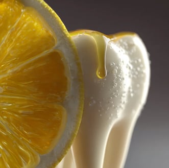 Uma fatia de limão, um dente e uma gota com sumo de limão