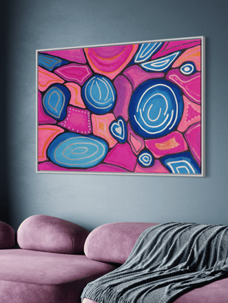 original abstrqact painting of blue and pink shapes