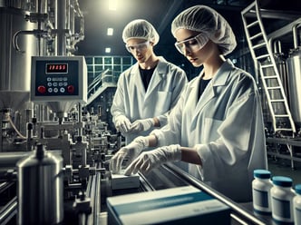 two people in lab coats and lab coats are working on a machine