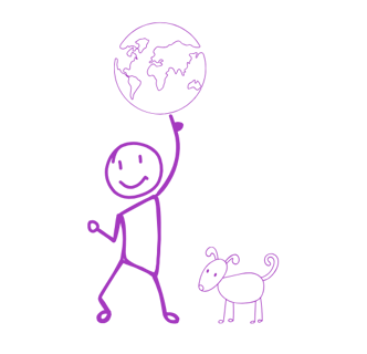 Male stick figure touching earth in the sky with his finger, with his dog by his side.