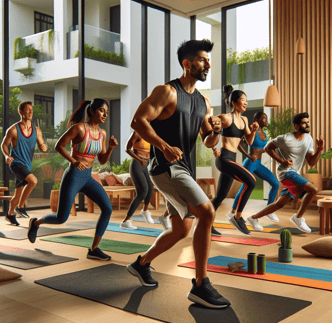 A trainer conducting group classes in apartment complexes