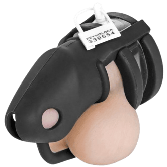 a picture of a black chastity cage with a on a clear background white tag that says keyholder