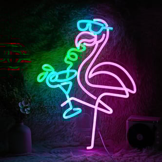 neon lighting pink flamingo with margarita