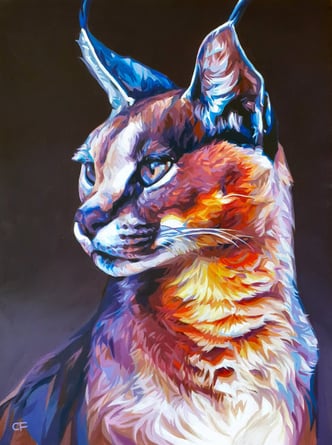 a painting of a caracal with purple and orange colouring on a dark background