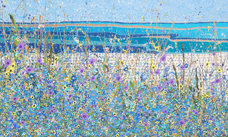 a painting of a field with flowers on the seashore