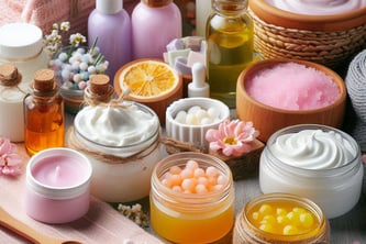 various colored homemade body products in bowls and jars