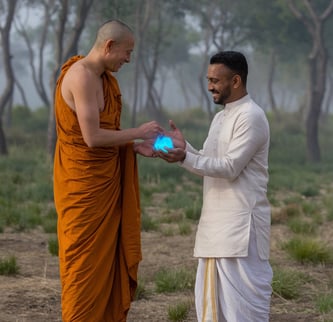 monk and blue stone in the field feeling happy