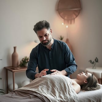 yo como terapeuta reiki imponiendo mis manos en el chakra corazon durante una terapia de Reiki