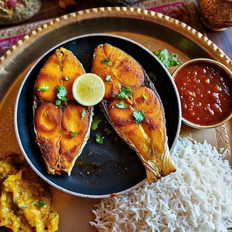 a plate of food with fosh fry and rice