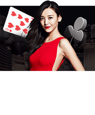 a woman in a red dress holding a card game royal win